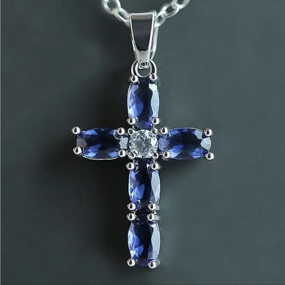 New Oval Royal Blue Sapphire Cross Necklace - Picture 2 of 4